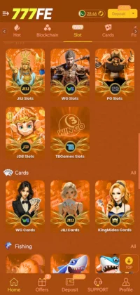 777FE Game app screen showing slot and card games including JILI, WG, PG, and KingMidas Cards