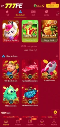 777FE Game interface showing hot slot and blockchain games like Fortune Rabbit, Super Ace, and Piggy Bank