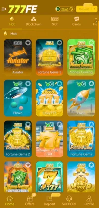777FE app game selection screen showing various casino games including Aviator, Fortune Gems, Crazy 777, and Plinko.