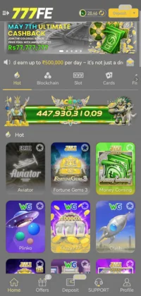 777FE gaming app showing casino-style games like Aviator, Fortune Gems 3, Money Coming, and Plinko.