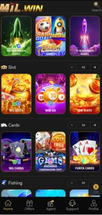 Mil Win Game app interface showing slot games, card games, fishing games, and other casino-style game categories on a black-themed background.