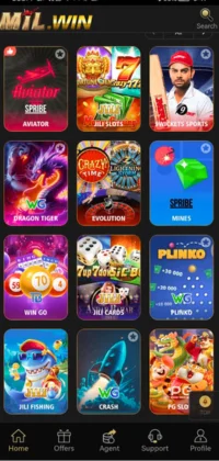 Mil Win Game app interface displaying popular games like Aviator, Dragon Tiger, Win Go, Plinko, and more on a black background.