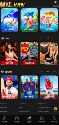 MIL WIN showing options for fishing games, live casino games, and sports betting.