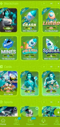 Mobile game interface with categories like Blockchain, Cards, and Sports, displaying various game icons on a green background.