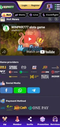 Screenshot of the WINPKR777 online casino mobile interface