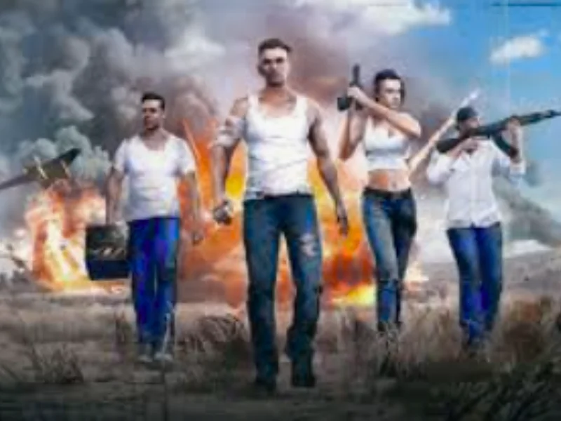 Bellara BLRX Injector Four armed characters walking away from an explosion in a battleground setting