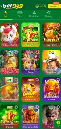 Bet939 Game app screen showing a grid of popular slot games like Fortune Rabbit, Super Ace, and Piggy Bank.