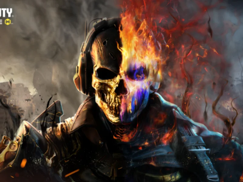 CODM Injector Apk Call of Duty character with a skull mask, half engulfed in flames and smoke, wearing tactical gear.