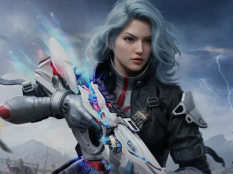 CODM Injector Apk Futuristic female warrior with silver-blue hair holding a high-tech energy weapon in a stormy battlefield.