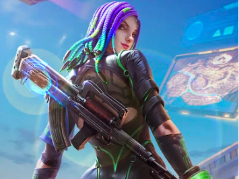 Futuristic female Free Classy FF Panel Fire character with neon dreadlocks and high-tech weapon.