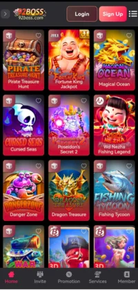 Screenshot of the 92BossFish game lobby showing various fish shooting and slot-style game titles.