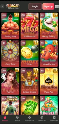 92BossFish game lobby screen showcasing popular titles like Boxing King, Mega Fishing, and Sugar Rush.