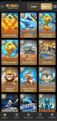 Mobile screen showing a game selection menu from the 92Boss gaming platform featuring various animated game titles like Phoenix World, Bird's Paradise, Road Hunting, and more.