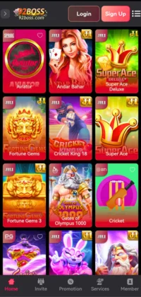 Mobile game lobby from the 92Boss platform featuring various casino-style and card games such as Andar Bahar, Fortune Gems, Cricket King 18, and Super Ace.