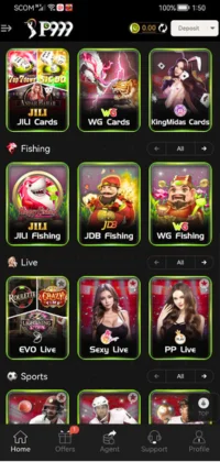 p999 Game App Screenshot of the home screen showing various game categories including Cards, Fishing, Live, and Sports.