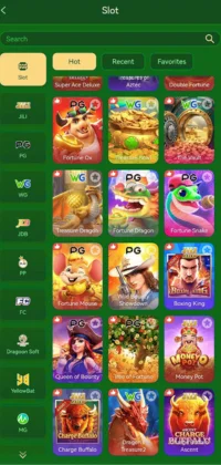 365PK Game Mobile slot game selection screen featuring various colorful slot game icons from providers like PG, JILI, and WMG, displayed in a grid layout with "Hot," "Recent," and "Favorites" tabs.