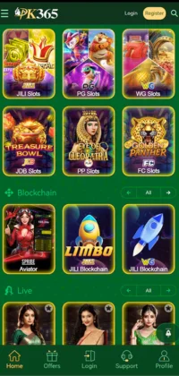 PK365 mobile interface showing various slot games like JILI Slots, PG Slots, WG Slots, and blockchain games like Aviator and Limbo.