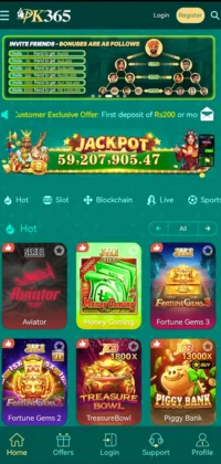 pk365 Game Mobile interface of an online casino app showcasing games, bonuses, and a jackpot offer.