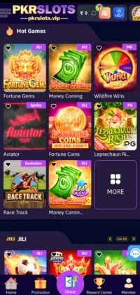 PKR Slots mobile app showing hot games like Fortune Gems, Aviator, Money Coming, and more.