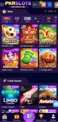 PKR Slots app interface showing slot and crash games like Penalty Kick, Super Ace II, and Aviator