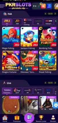 PKR Slots mobile app showing various fishing-themed slot games.