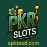 PKR Slots logo featuring a poker chip, dice, and slot machine lever on a green background with apklead.com text.