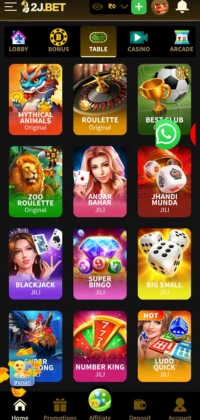 2J Bet game interface displaying various casino and arcade game options.