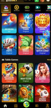 2J Bet Game Mobile interface of an online gaming platform showing various game
