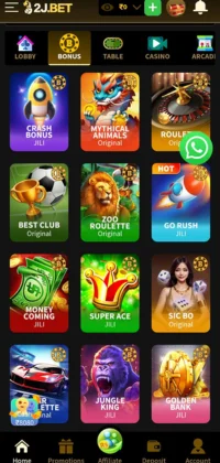 2J Bet game selection screen with various popular casino games