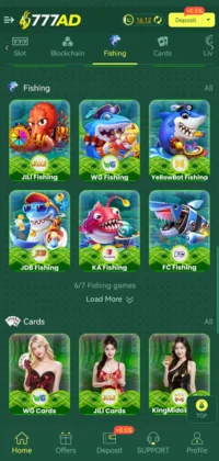 777 AD Game app interface showing fishing and card game options.