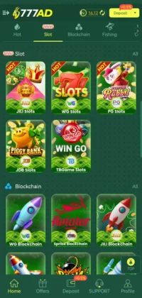 Mobile interface of the 777 AD Game app showing slot and blockchain game options.