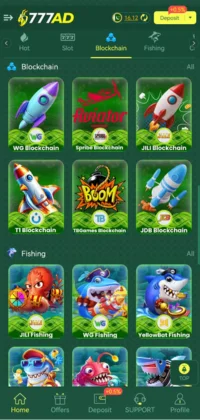 Mobile game interface showing various blockchain and fishing games on the 777AD gaming platform.