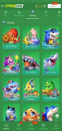 777CX.com fishing game interface showing various animated fishing game icons