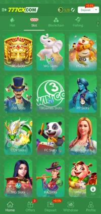 777cx Game slot game interface featuring various slot game icons and categories.
