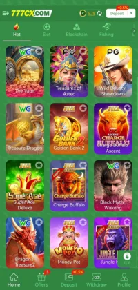 Mobile screen showing various online slot games on the 777cx Game platform with colorful game icons.