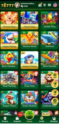 Mobile game lobby interface of the 7E777 app showing various colorful game icons.