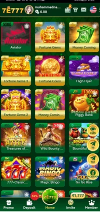 7E777 Game home screen displaying various casino games like Aviator, Fortune Gems, and Piggy Bank.