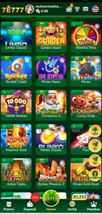 Game selection screen of the 7E777 app featuring various themed game icons.
