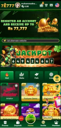 7E777 gaming app home screen showing jackpot amount and featured game categories.