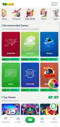 92PKR app screen showing recommended games like Aviator, Cricket, and Boom