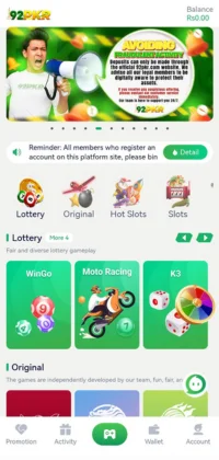 92PKR game app interface showing lottery, slots, and original games
