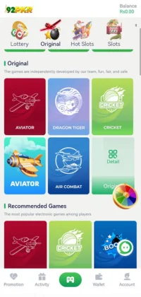 92PKR game app showing Original games like Aviator, Dragon Tiger, Cricket, and Air Combat.