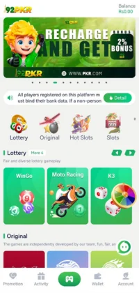 Mobile game interface showing 92PKR platform with various game categories and promotional banner.