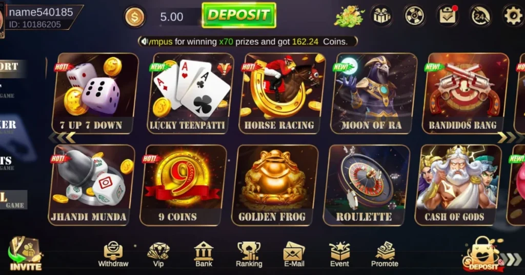 HT 777 game lobby screen showing various casino-style game icons and features.
