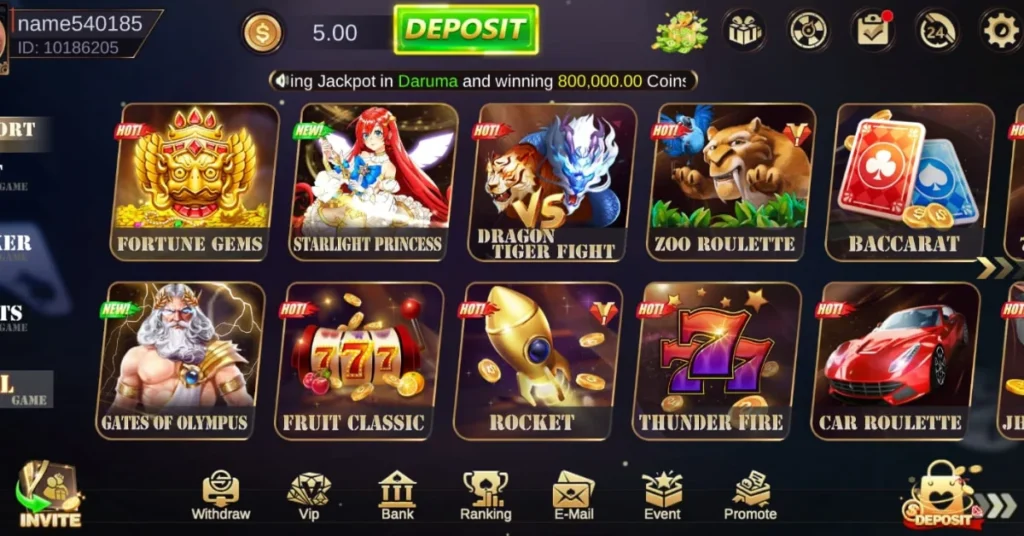HT 777 game lobby showcasing slot, card, and roulette games with vibrant icons.