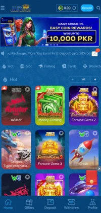 JJJT Game app interface showing featured games, promotional banner, and game categories.