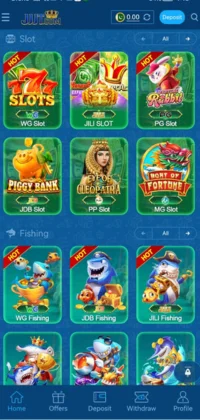 JJJT GAME Mobile game interface showing various slot and fishing game icons with vibrant graphics.