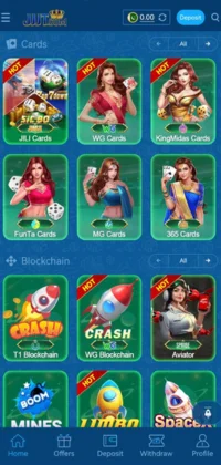 Gaming app screen showing card games and blockchain-based games.