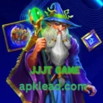 A wizard character holding a glowing staff, with floating magical cards in the background; text reads "JJJT GAME" and "apklead.com".