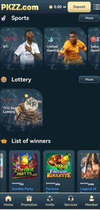 PK ZZ GAME gaming platform interface showing sports, lottery, and list of winners.